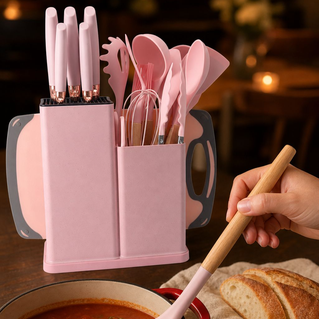 Hot Selling Silicone Kitchen Utensils Kit, 19 PCS with Wooden Handles