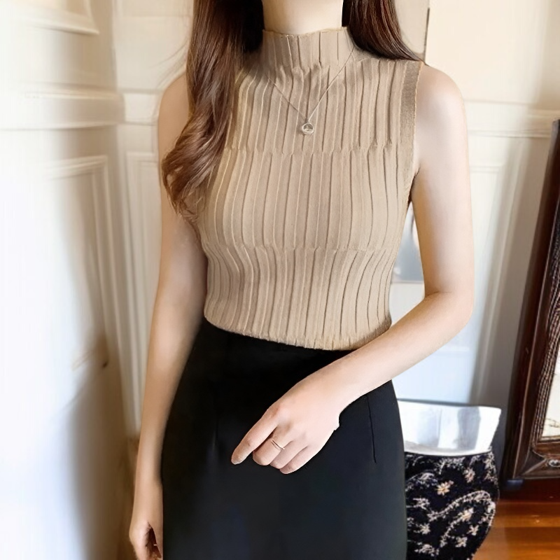 夏新作レトロハイネックスリムフィットニットトップス（女性用、ノースリーブ、万能ベースレイヤーベスト）