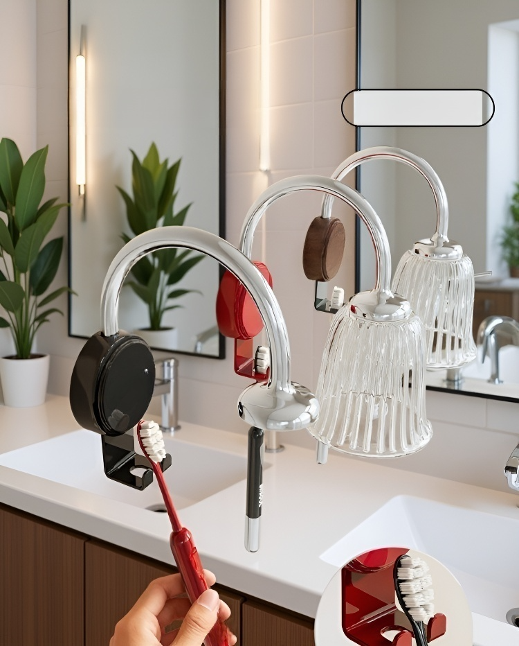 자석으로 고정된 양치컵과 선반 디테일