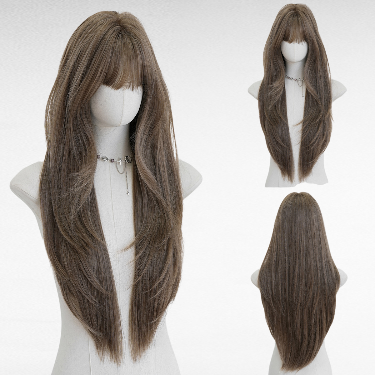 여성용 패션 긴 흑색 레이어드 풀위그, 둥근 얼굴용