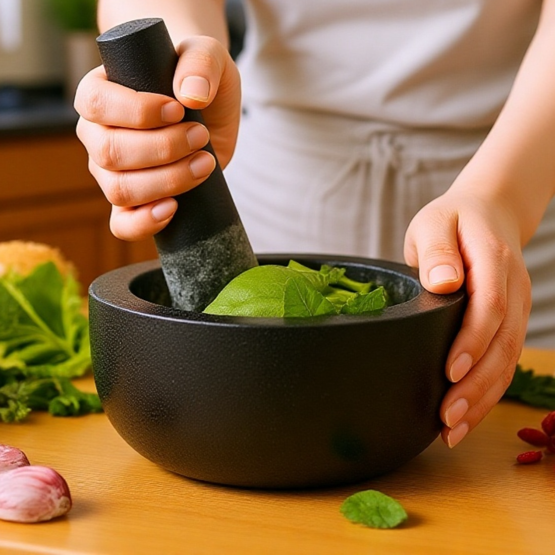 화강암 주방용품 세트와 함께 연출된 마늘 다지기