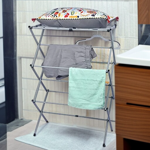 ราวตากผ้าพับได้แบบตั้งพื้น X-Shape สำหรับระเบียงและห้องน้ำ พร้อมชั้นวางหลายชั้น