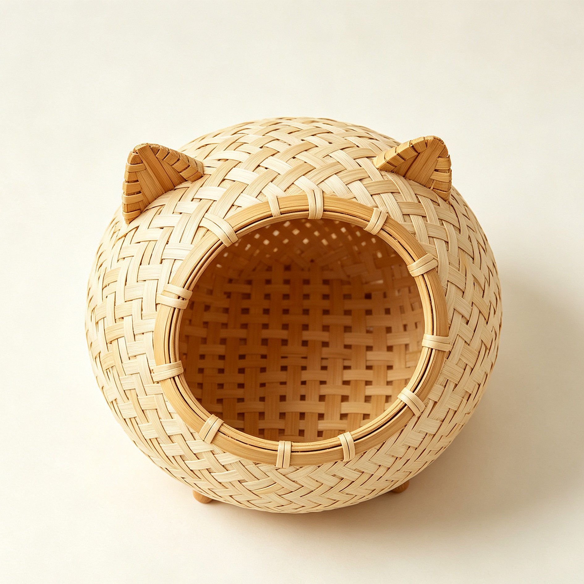 可愛い猫耳デザインの竹製収納バスケット