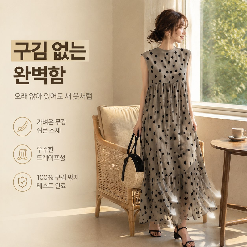 패셔너블 도트 패치워크 민소매 롱드레스