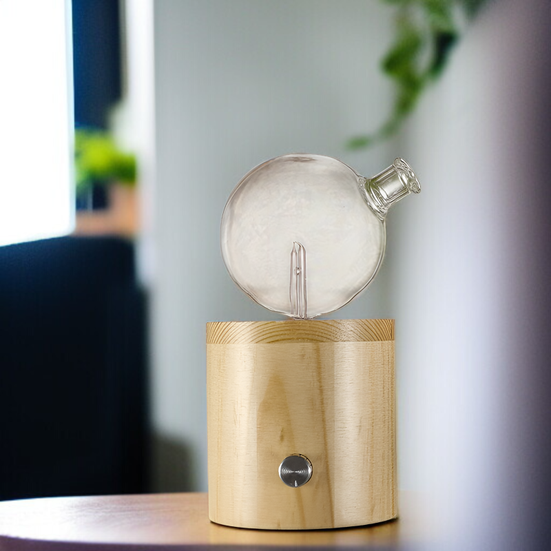 ノブでミスト量を調節できる、水不要の無垢材製エッセンシャルオイルアロマセラピーディフューザー。室内空気浄化にも。低騒音、間接照明、カラフルなLEDライト、自動電源オフ機能を備えたアロマセラピーディフュ