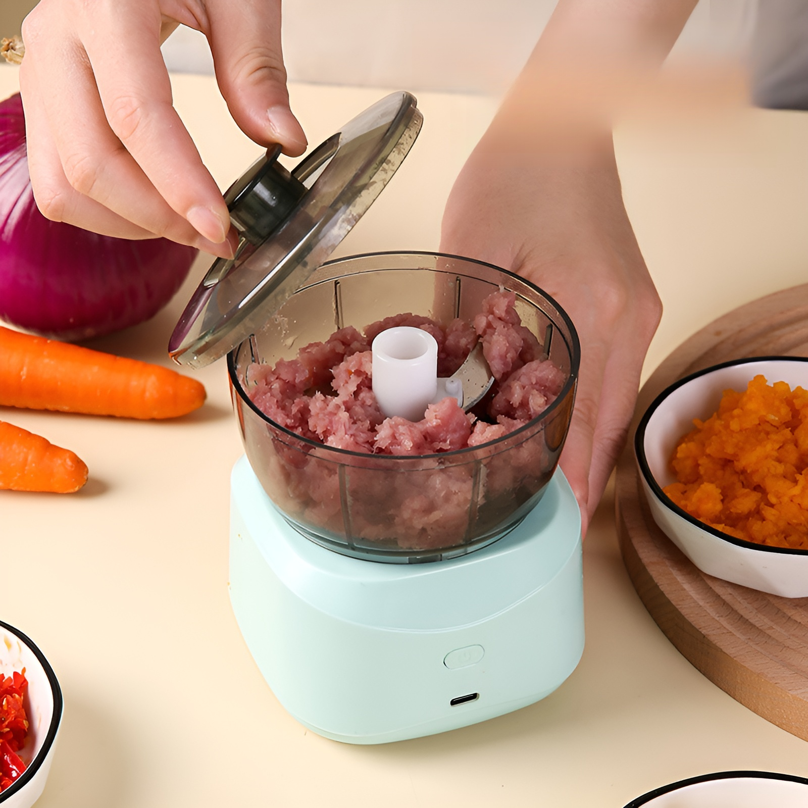 Picadora de carne pequeña doméstica, procesador multifuncional, mezclador de verduras y ajo