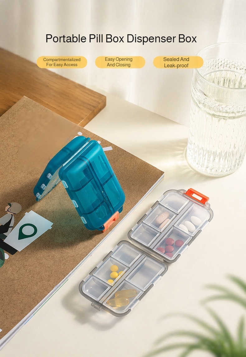 Portable transparent 10-grid sealed pill box top view