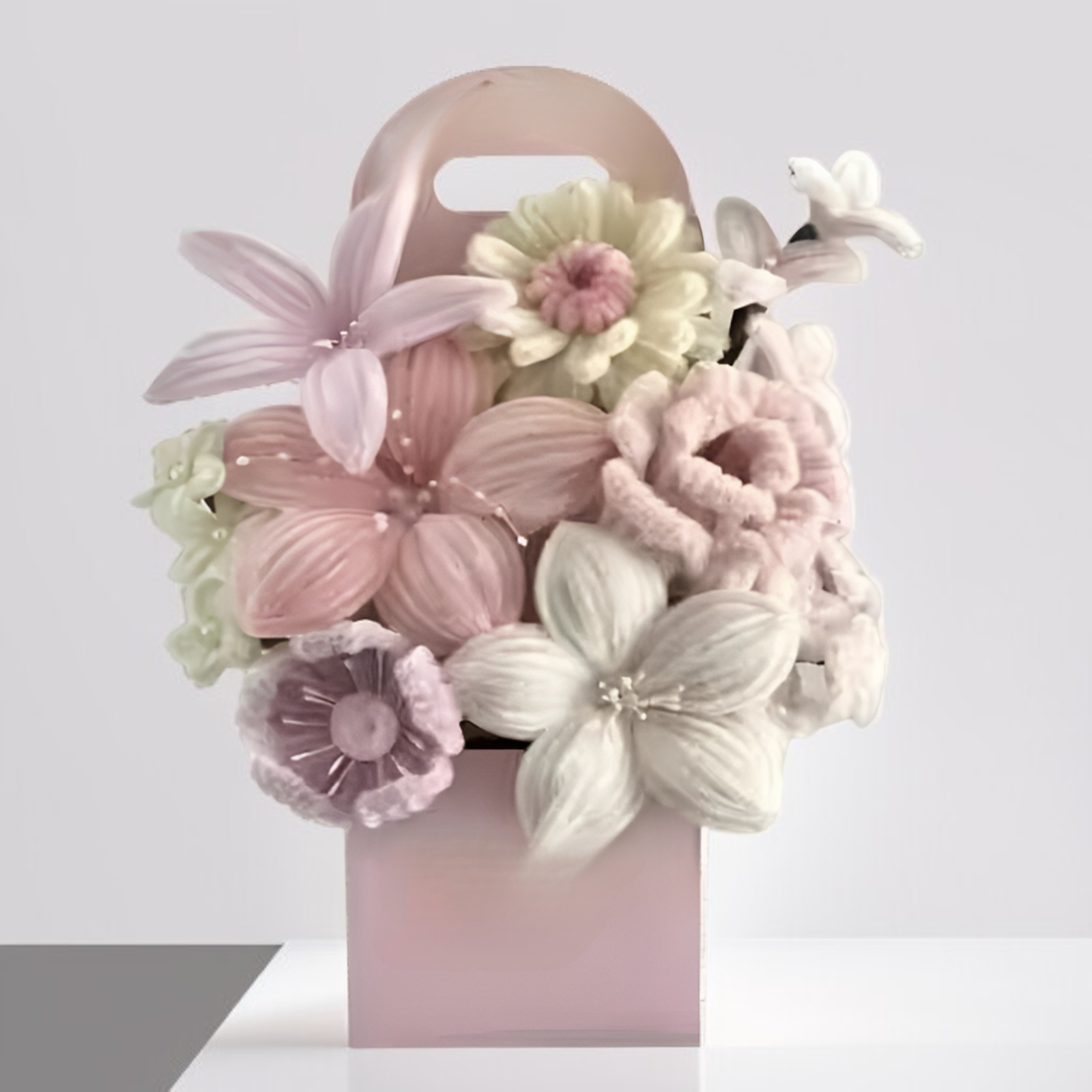 Detalle de flores artificiales pequeñas y elegantes