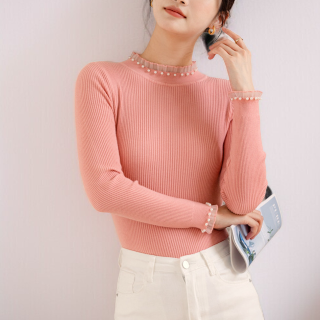 여성 블랙 루즈핏 니트 이너 반폴라 니트 레이스 이너 루즈핏 니트 풀오버 니트