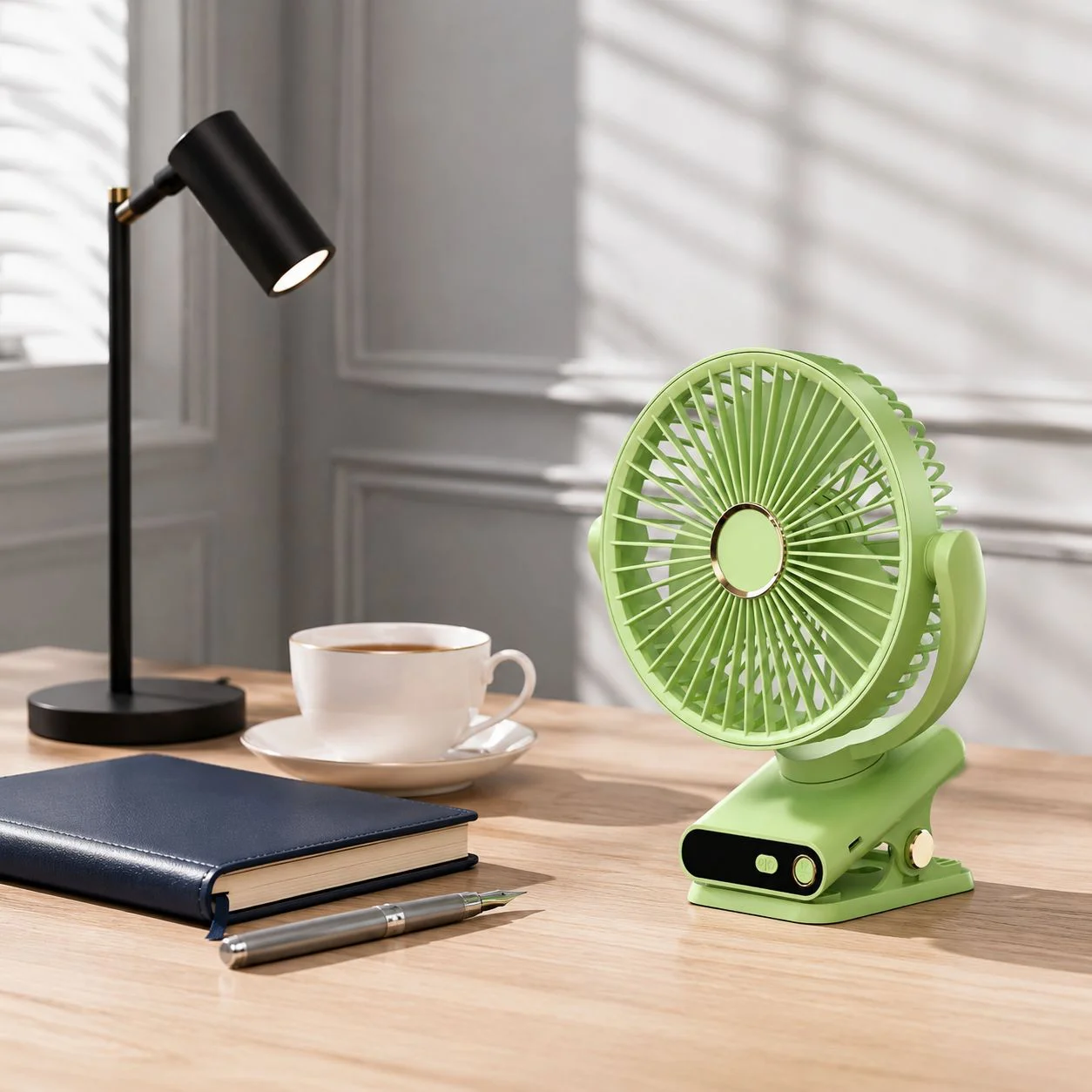 Desktop clip-on fan with automatic oscillation, USB charging, digital display, silent night light, p