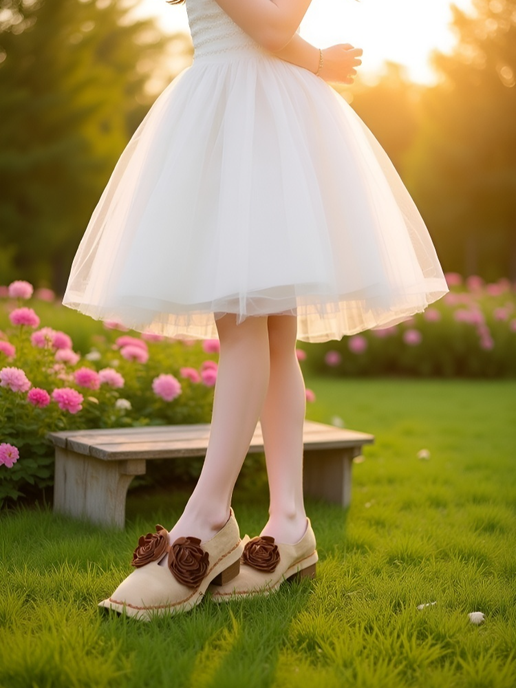 [تصميم فرنسي كلاسيكي] حذاء نسائي جلدي مصنوع يدويًا بمقدمة مربعة مزين بزهرة الكاميليا