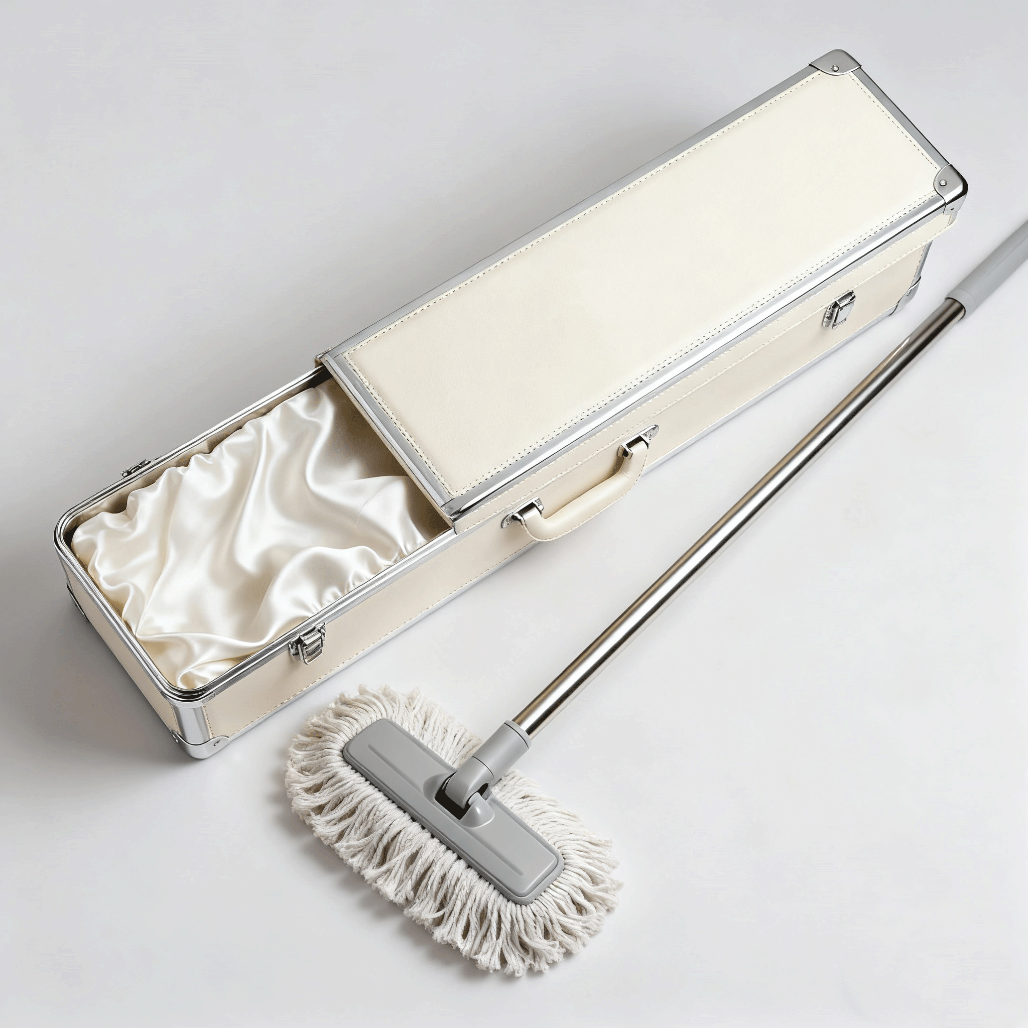 Detailní pohled na krémový mop s ergonomickou rukojetí