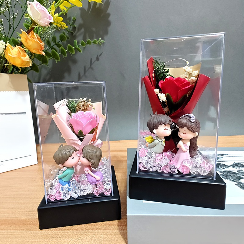 永生花玻璃罩情侶浪漫夜燈香皂玫瑰花束禮盒