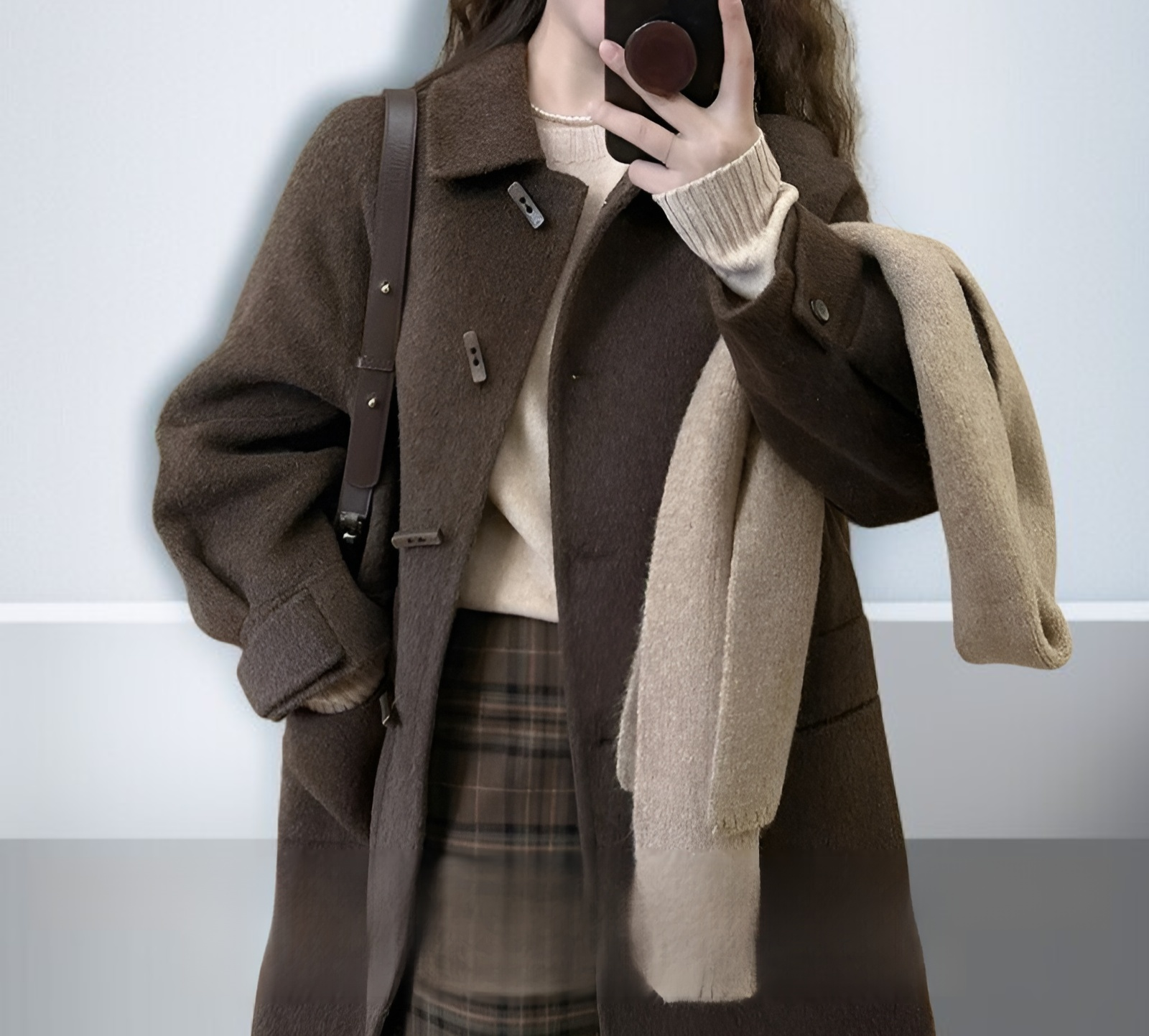 季節外れの茶色のダッフルコート全体画像