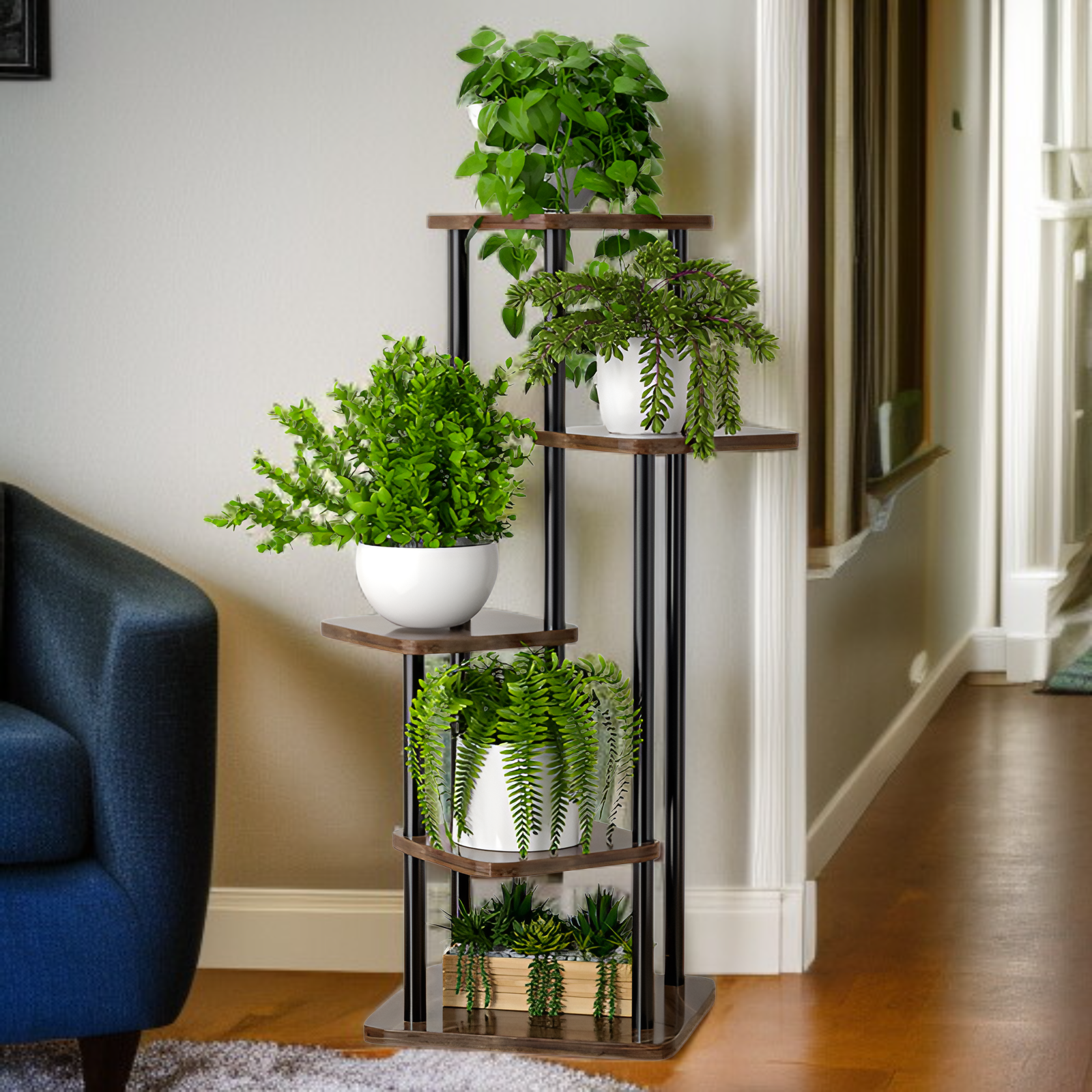 바닥에 세워 놓는 다단식 단조 철제 식물 수납 선반