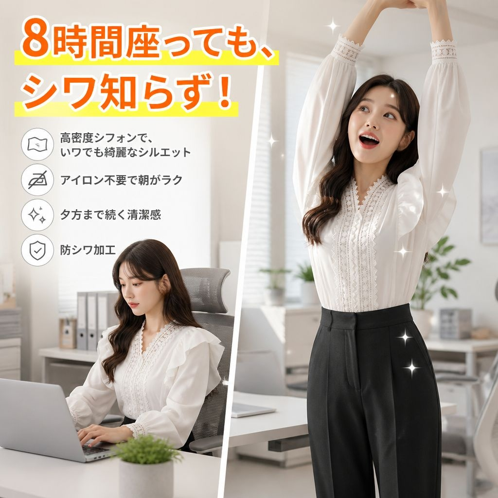 ゆったりカジュアルパフスリーブレースブラウス