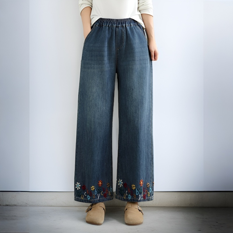 秋の和風刺繍ワイドレッグジーンズ