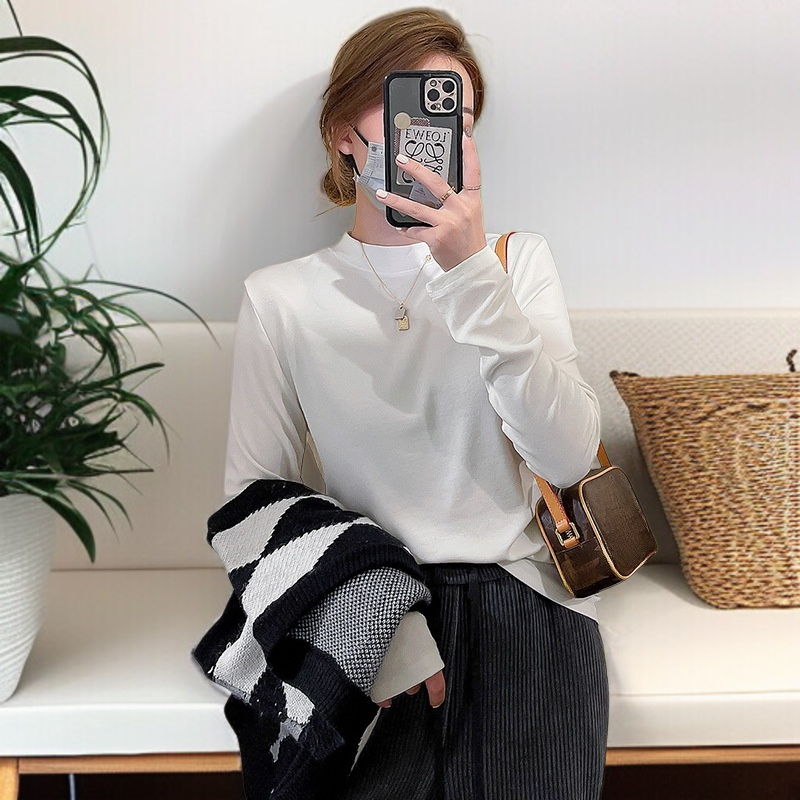 スリムパッケージバックソリッドカラートップス秋と冬の長袖Tシャツボトミングシャツの女性の内側に小さなスタンドアップカラーフィットトップス