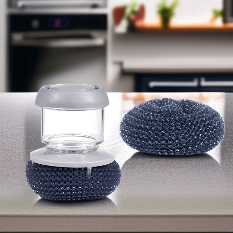 Multifunctional Kitchen Cleaning Brush with Soap Dispenser Short Handle Sponge Wire Ball