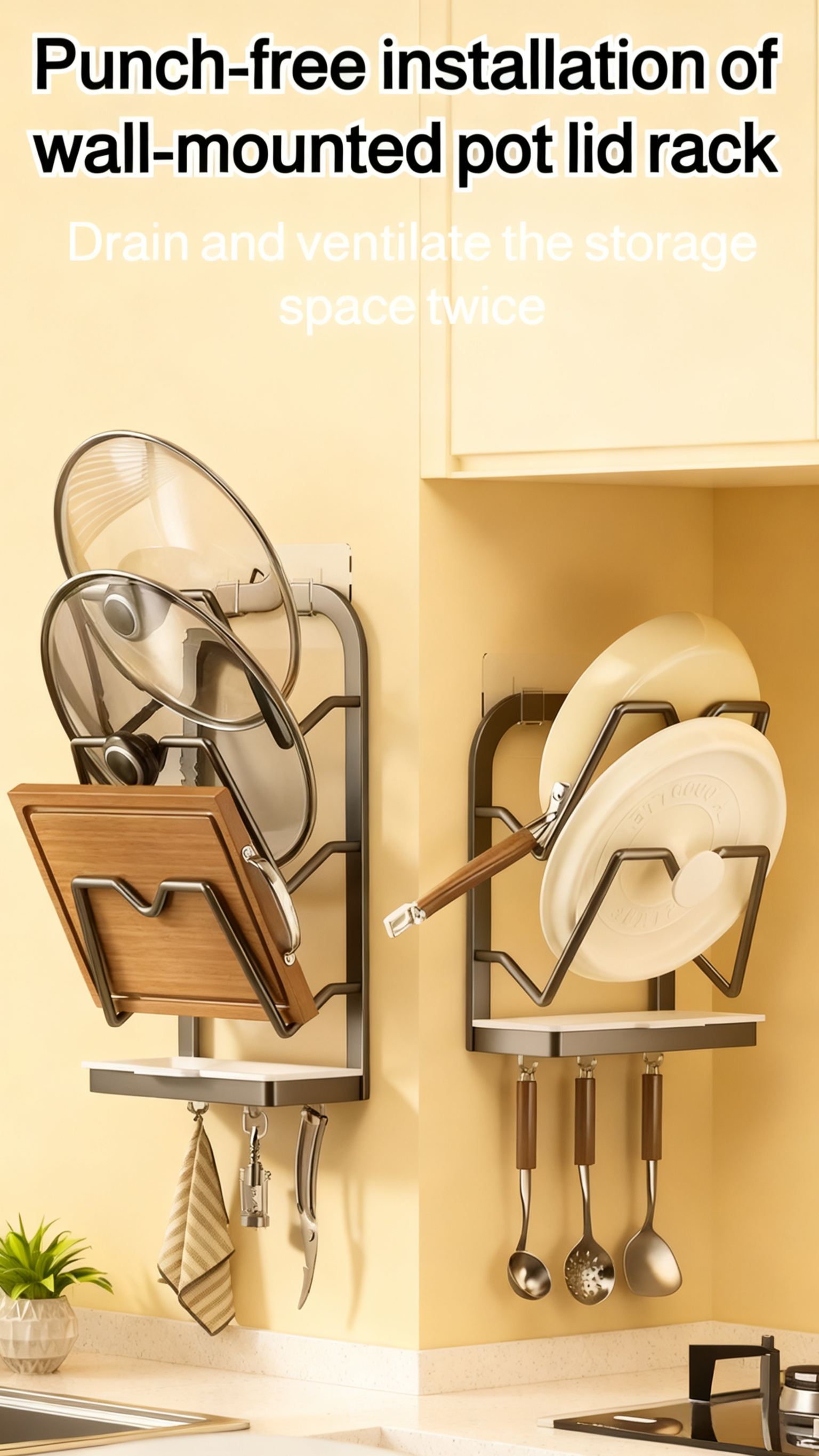 Wall-mounted no-drill pot lid holder installed on kitchen wall