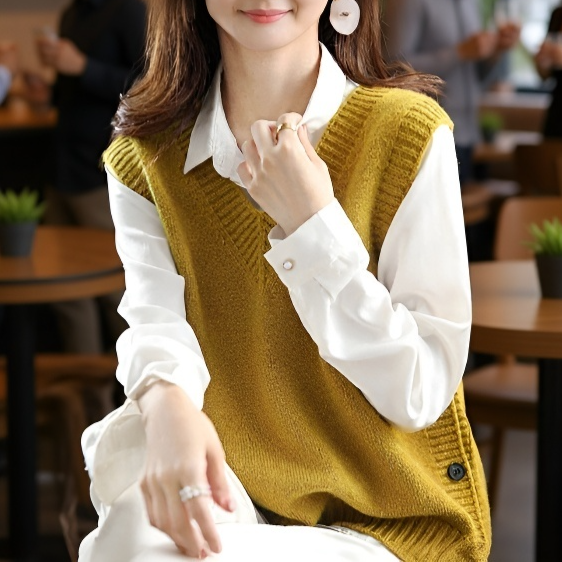 レディース ニットベスト 春秋用 ゆったりVネック 体型カバー 重ね着インナー