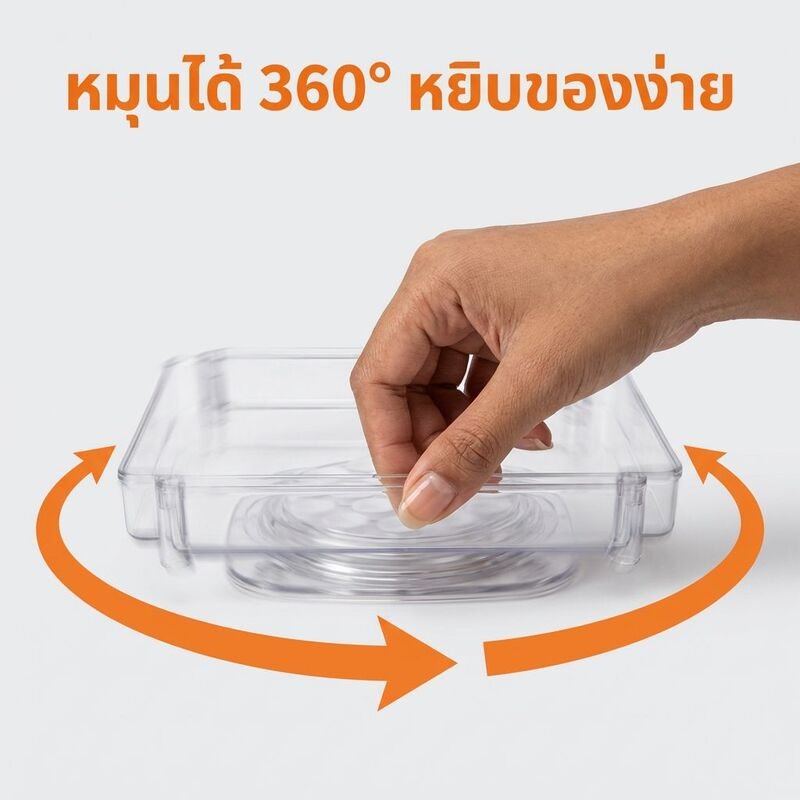 กล่องจัดเก็บหมุนได้ในตู้เย็นครัว แบบใส พร้อมที่ดูดติด