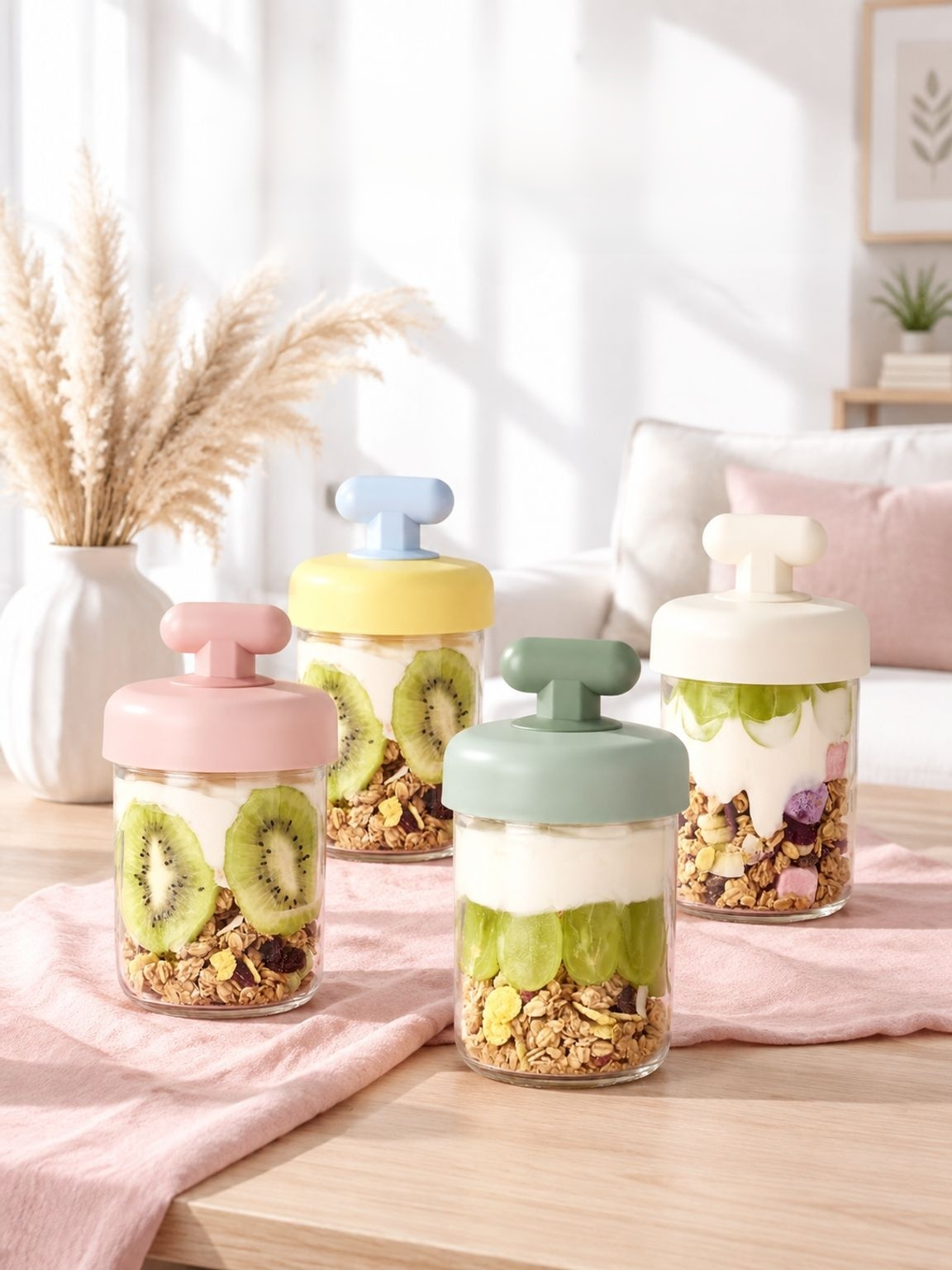 Tragbarer, auslaufsicherer Frühstücksbecher mit Deckel, Löffel und Fächern (für Joghurt/Haferbrei)