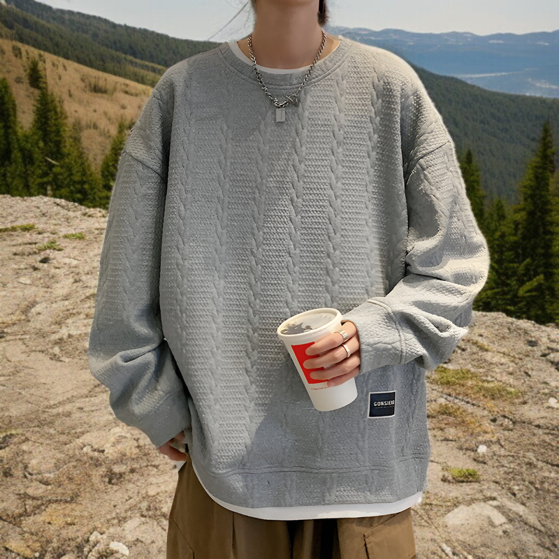 ユース ルーズ ラウンドネック スウェットシャツ メンズ ファッション ブランド ツイスト ストライプ 長袖 プルオーバー 春秋 スウェットシャツ