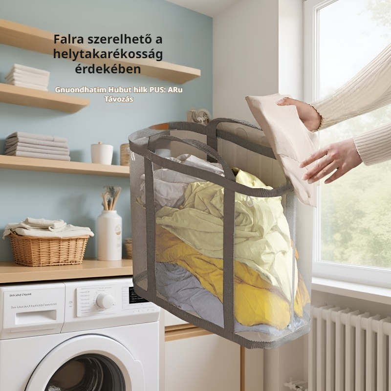 Nagy kapacitású, összecsukható szennyeskosár falra szerelhető fürdőszobai tároló