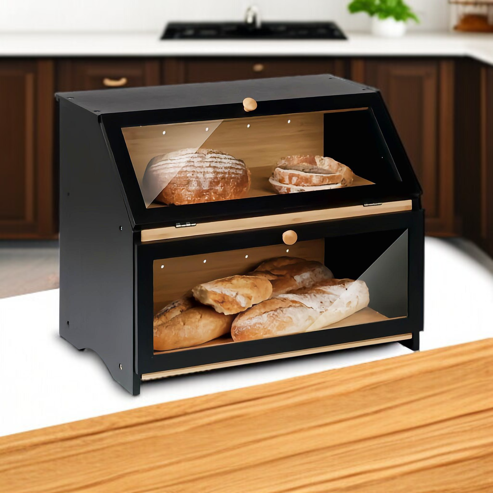 Double-layer bamboo bread box acrylic detachable fruit storage box solid wood snack bread box storag