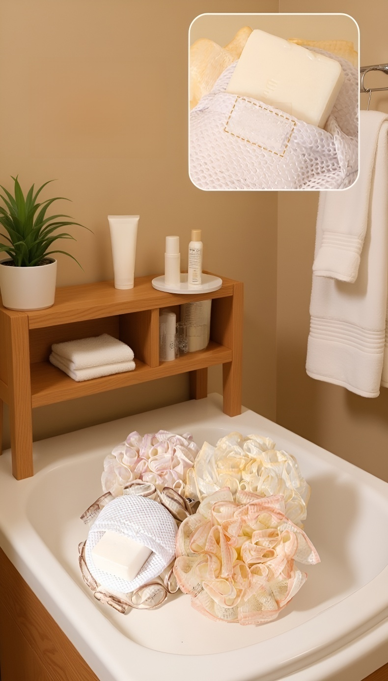 お風呂場で使用中のソープバススポンジ