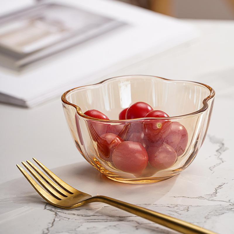 Kristallklare, stilvolle Glas-Schale mit Pflaumenblüten- und Bernstein-Design