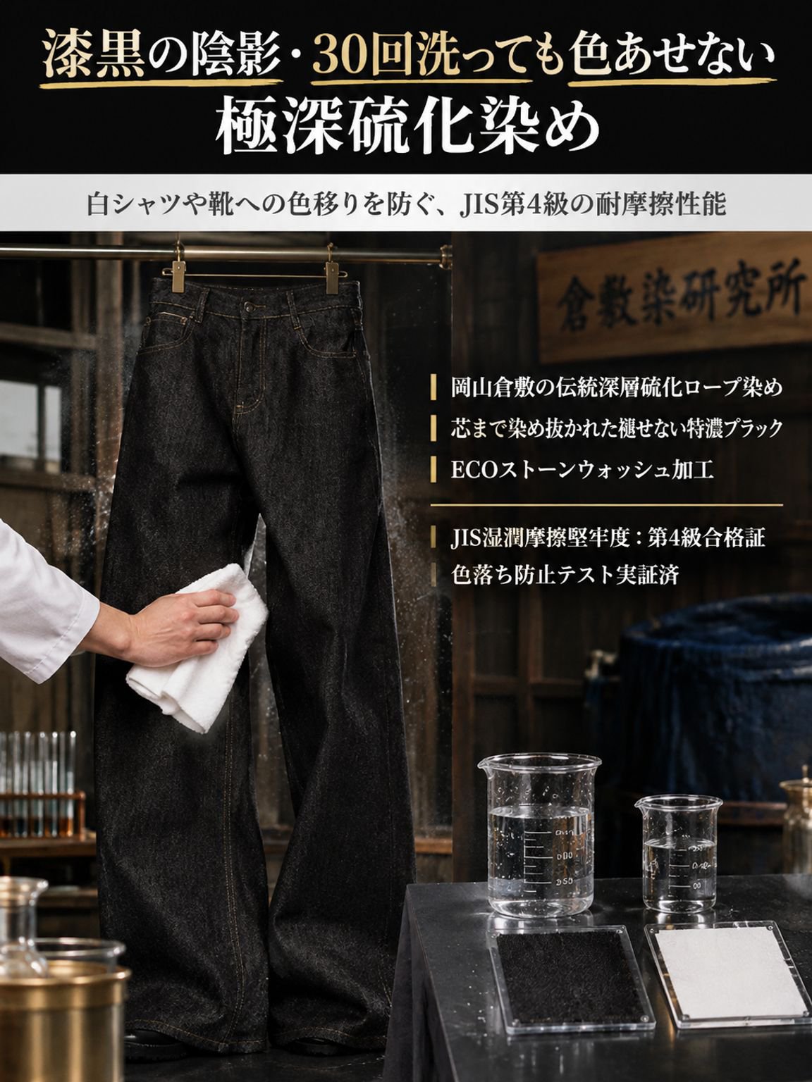 JASPO人間工学3D設計 14.5ozヴィンテージブラック ワイドフレアストレートデニムパンツ（脚長補正・無重力ドレープ）