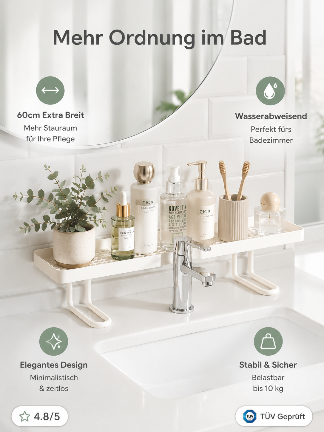 Wandmontiertes Waschbeckenregal ohne Bohren für Wasserhähne