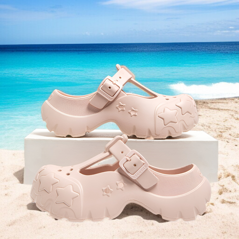 夏の女性用厚底ホールシューズ、アウトドアホールシューズ、2025年新作ホームスリッパ、滑り止め通気性スリッパ、高さを増す踏み心地、つま先閉じサンダル