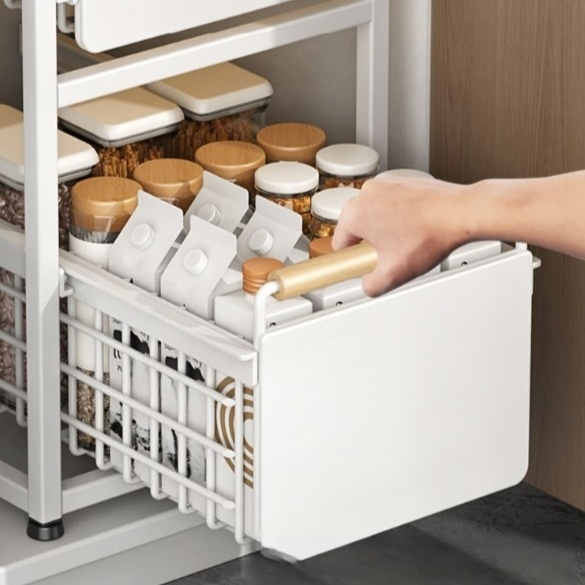 廚房收納架 可抽拉式碗碟置放架 多功能瓶罐整理架