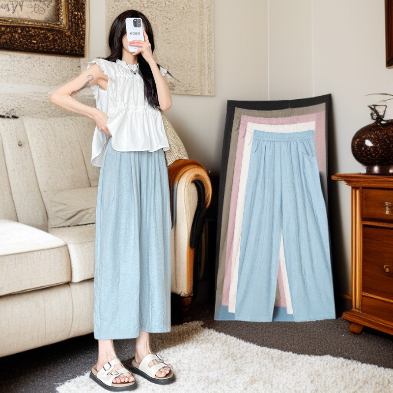 여성 여름 얇은 캐주얼 팬츠 와이드 9부 배기 팬츠 아이스 할머니 팬츠 하이웨스트 와이드 팬츠 캐주얼 팬츠