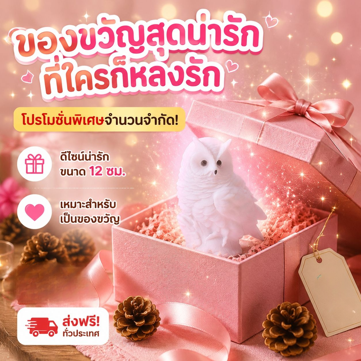 โคมไฟนกฮูกการ์ตูนข้างเตียง ทำจากเรซิน ตกแต่งบ้าน