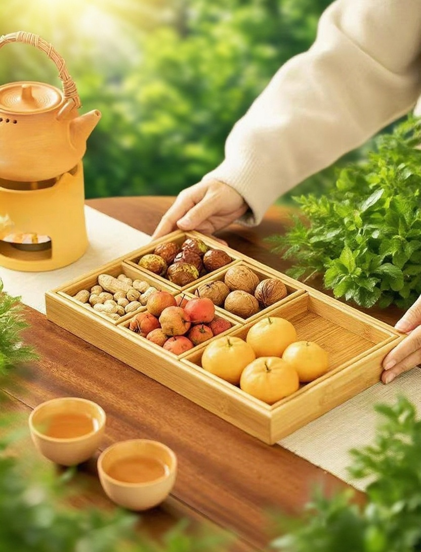 말린 과일을 정리한 대나무 칸막이 상자