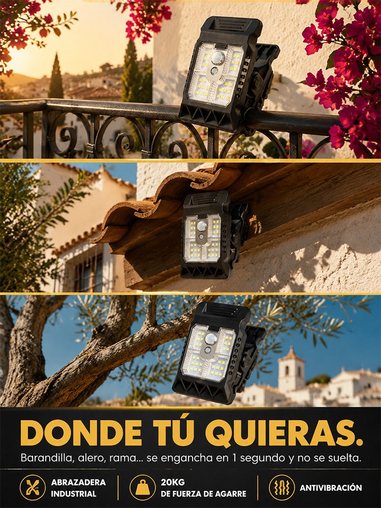 Foco Solar Radar IP65: Pinza de 1s y 10 años con 0€ de luz！