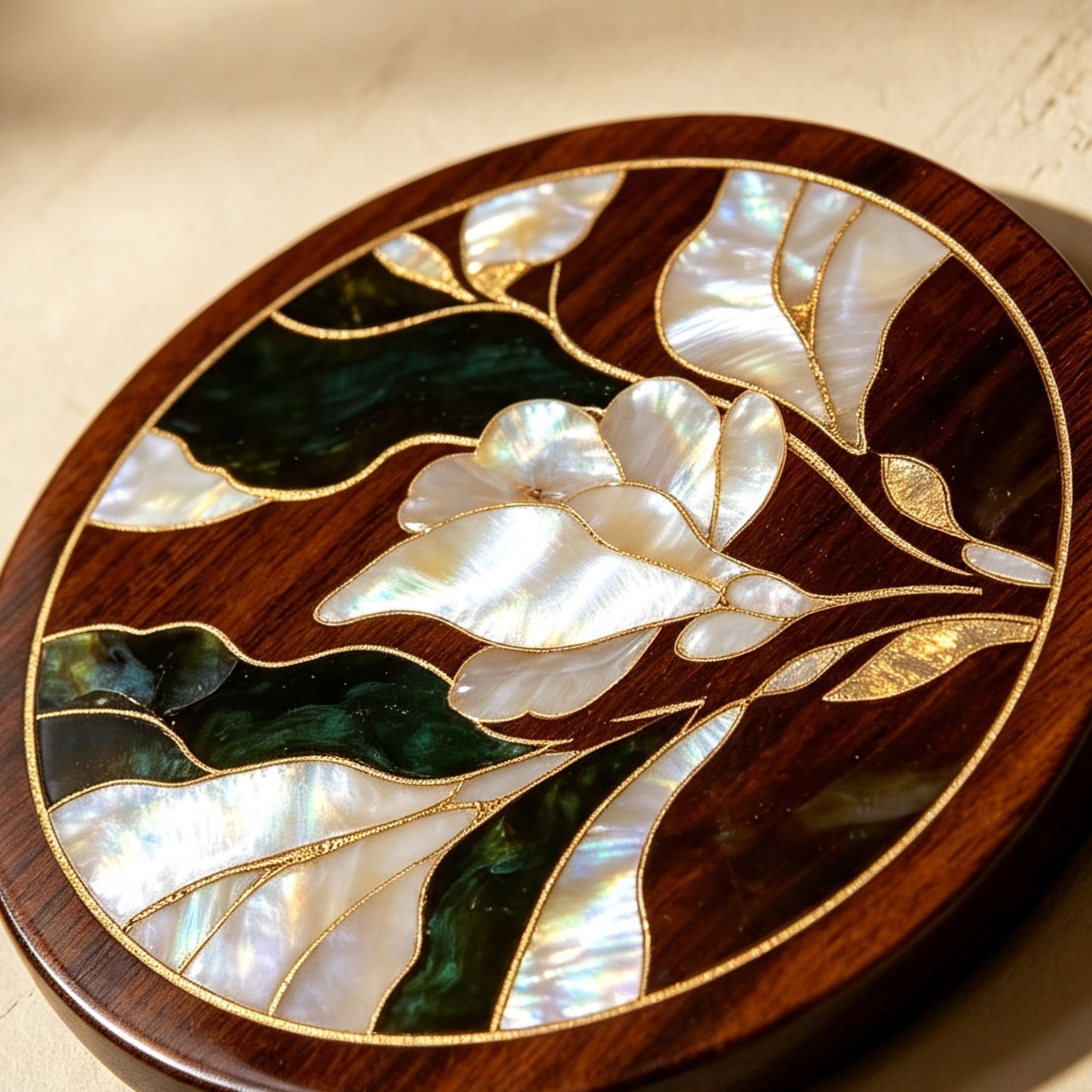 Mother-of-pearl inlaid wooden coasters (5 pieces)
