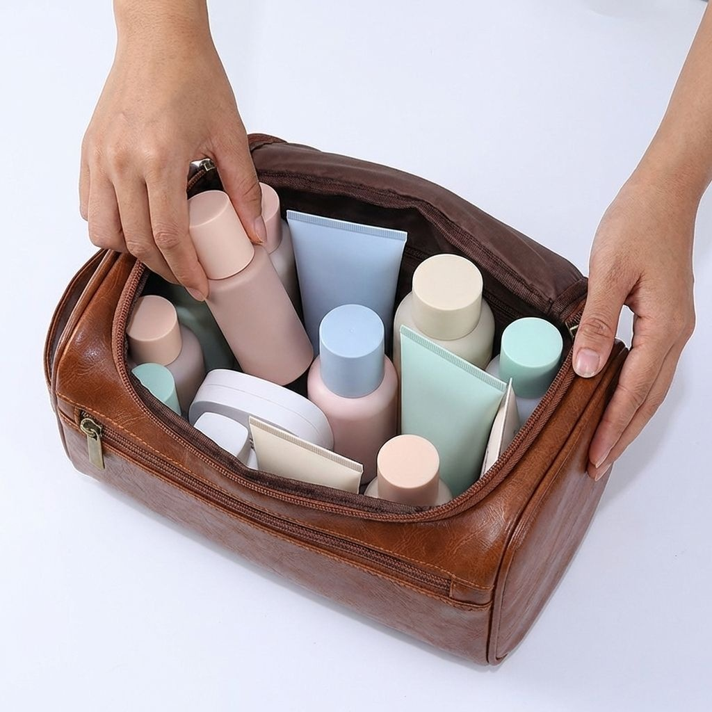 Kosmetik- und Kulturbeutel aus Leder mit großem Fassungsvermögen und mehreren Fächern