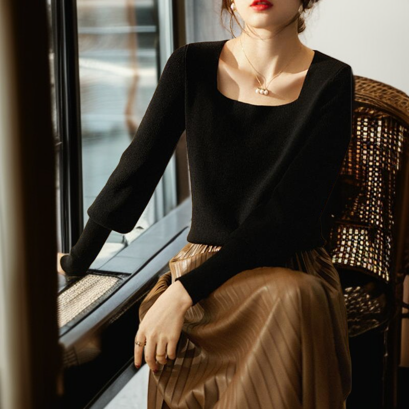 ジャンパー女性気質ニットボトムシャツスクエアネックランタンスリーブニットウェアエレガントなインナートップス