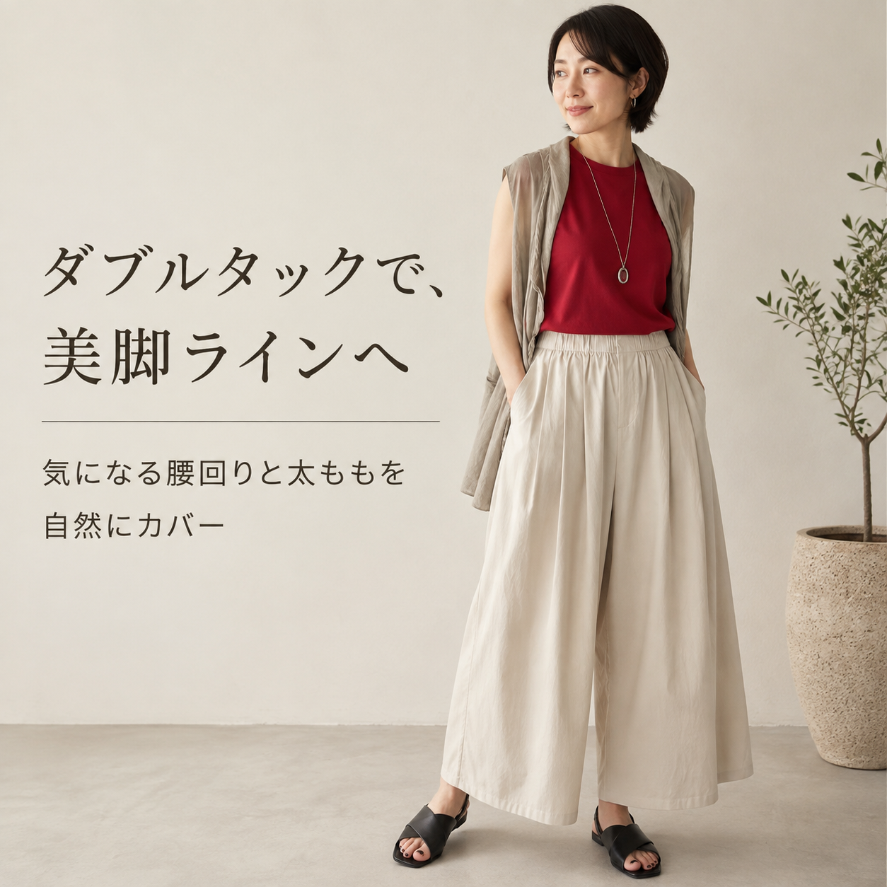 夏用ゆったりドレープ日本風九分丈ワイドパンツ レディース