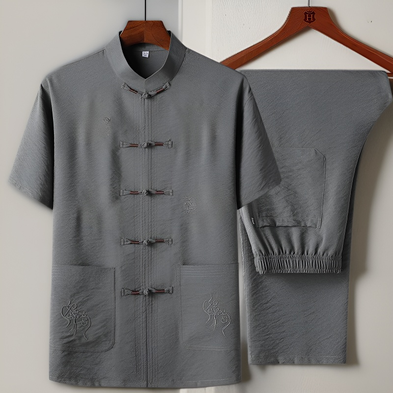 中国風中高年男性用唐装コットンリネン半袖セット