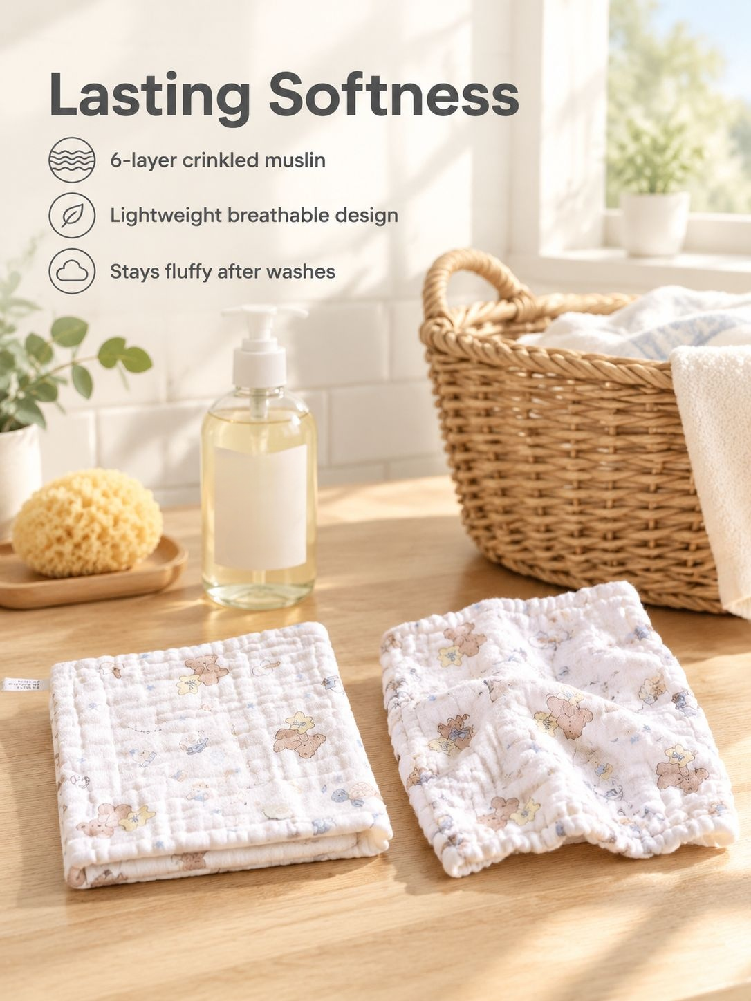 Baby face towel shown beside bath-time essentials
