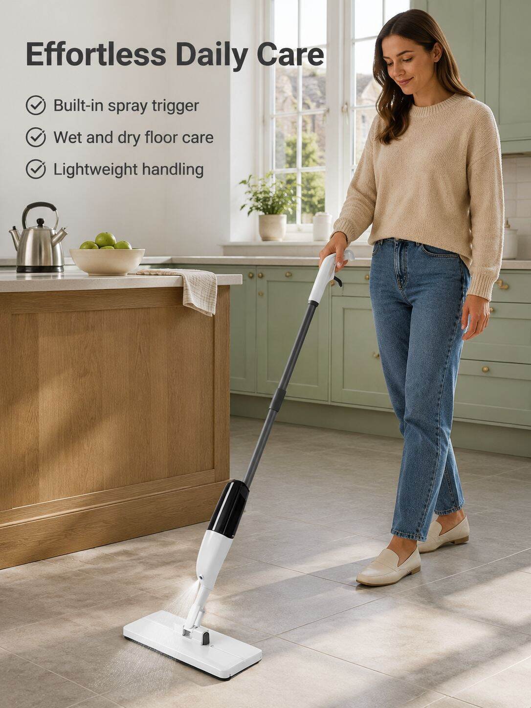 Household Hands-Free Spray Flat Mop with Cloth Clip, Dry and Wet Dual-Use Cleaning Mop