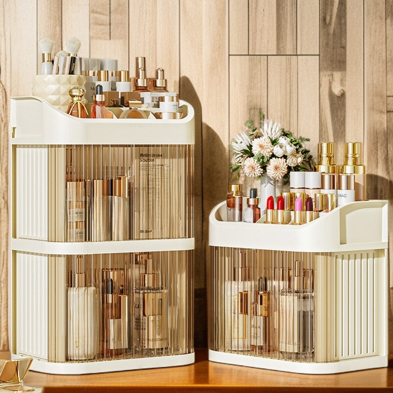 Large capacity transparent skincare organizer on dormitory desktop