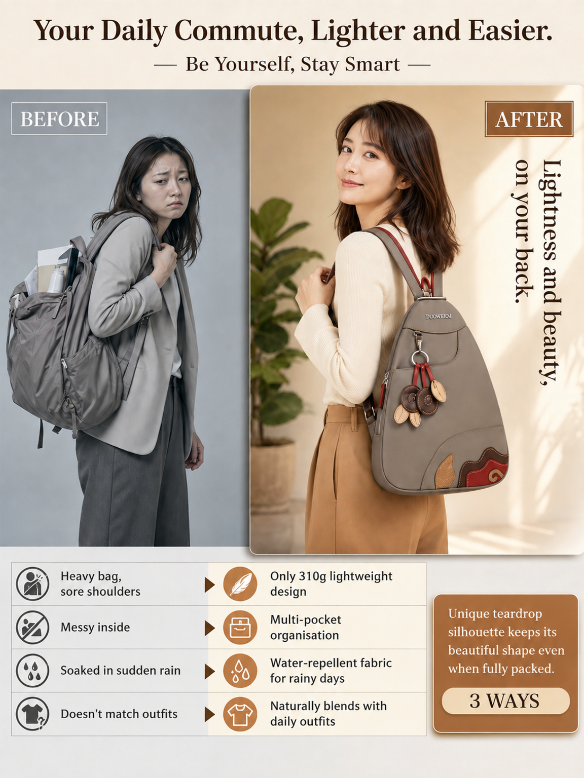 Toray High‑Density Micro‑Fabric 3‑Way Large‑Capacity Casual Bag