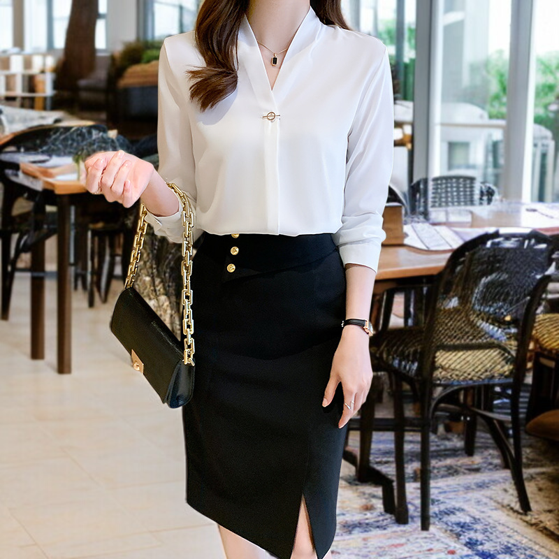 여성 화이트 긴팔 작업복 브이넥 긴팔 셔츠 패션 기질 정장 화이트 셔츠 여